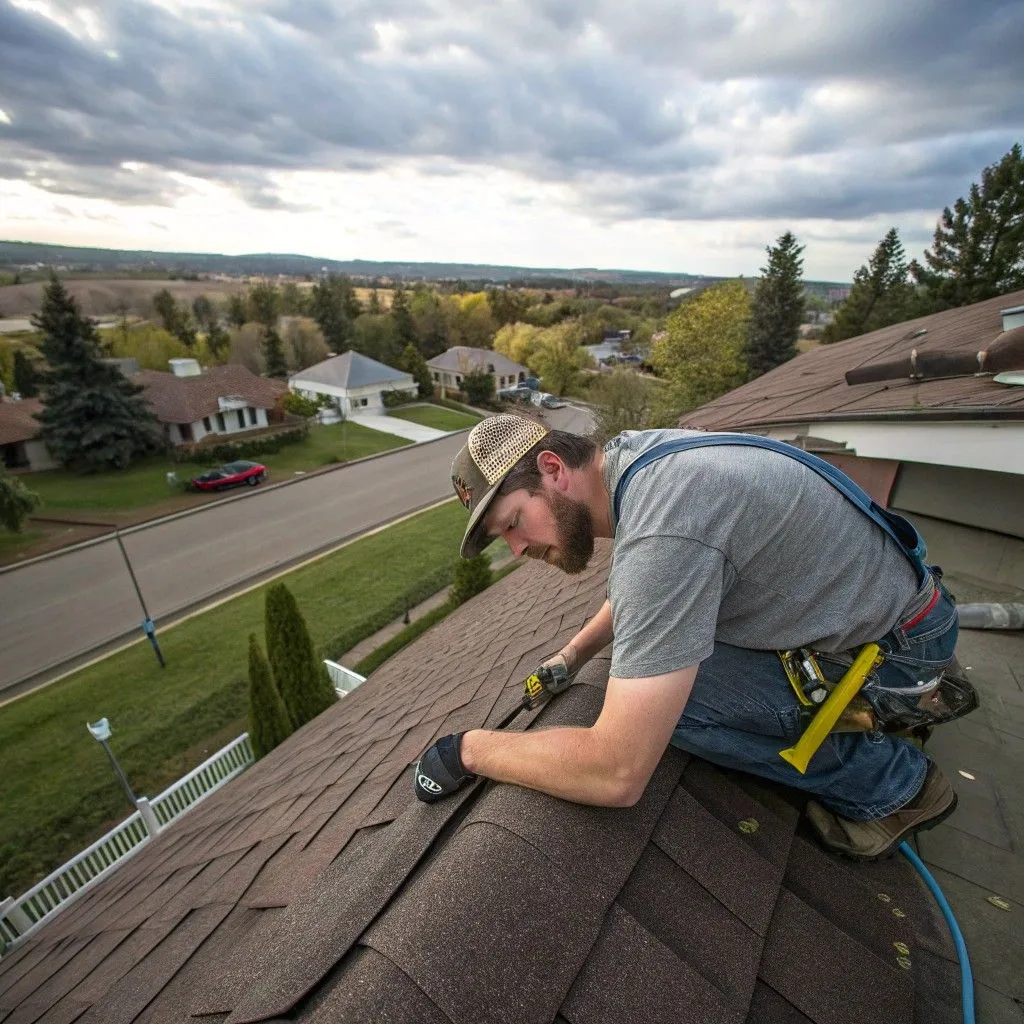 Professional roofing technician working on a residential roof